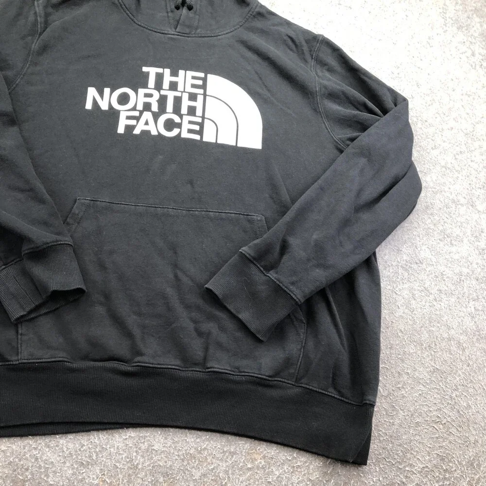 The North Face Hoodie Mens 2XL Black Pullover Fleece Sweatshirt Big Logo Front